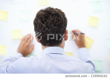 Businessman, writing and sticky notes on wall for planning, brainstorming and project reminder with rear view. Entrepreneur, employee and ideas for agenda, schedule and proposal information at work Businessman, writing and sticky notes on wall for planning, brainstorming and project reminder with rear view. Entrepreneur, employee and ideas for agenda, schedule and proposal information at work 139908282