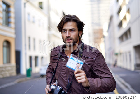 Photographer, journalist and news with man in city for running, press badge and paparazzi. Reporter, story and pictures with person and camera in urban outdoors for announcement and investigation Photographer, journalist and news with man in city for running, press badge and paparazzi. Reporter, story and pictures with person and camera in urban outdoors for announcement and investigation 139908284