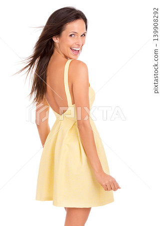 Woman, portrait and wind for fashion in studio, smiling and pride for stylish clothing. Happy female person, hair and summer dress on white background, breeze and satisfaction for trendy outfit Woman, portrait and wind for fashion in studio, smiling and pride for stylish clothing. Happy female person, hair and summer dress on white background, breeze and satisfaction for trendy outfit 139908292