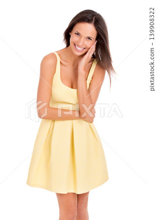 Woman, portrait and happy for fashion in studio, smiling and pride for stylish clothing. Female person, confidence and summer dress on white background, trendy and satisfaction for designer outfit Woman, portrait and happy for fashion in studio, smiling and pride for stylish clothing. Female person, confidence and summer dress on white background, trendy and satisfaction for designer outfit 139908322