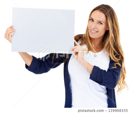 Presentation, blank sign and portrait of woman in studio for deal, promo or happy news mockup. Signage, offer and girl with announcement on poster, opinion or info on cardboard with white background. Presentation, blank sign and portrait of woman in studio for deal, promo or happy news mockup. Signage, offer and girl with announcement on poster, opinion or info on cardboard with white background. 139908335