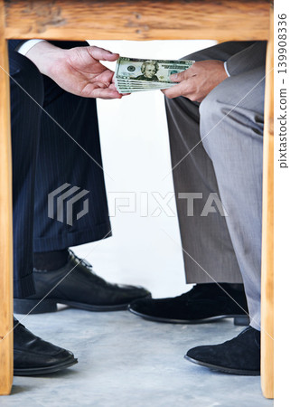 Business people, hands and money with table for bribery and corruption in company with money laundering. Illegal professional deal, meeting with cash or payment for crime, scam and fraud in finance Business people, hands and money with table for bribery and corruption in company with money laundering. Illegal professional deal, meeting with cash or payment for crime, scam and fraud in finance 139908336