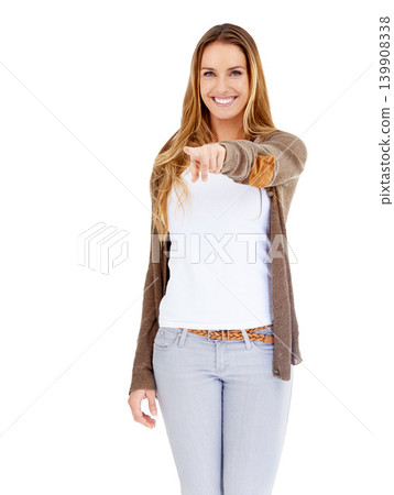 Woman, pointing and portrait for choosing you in studio, selection and mockup space for information. Female person, direction and guide on white background, smiling and pride for decision or pick Woman, pointing and portrait for choosing you in studio, selection and mockup space for information. Female person, direction and guide on white background, smiling and pride for decision or pick 139908338