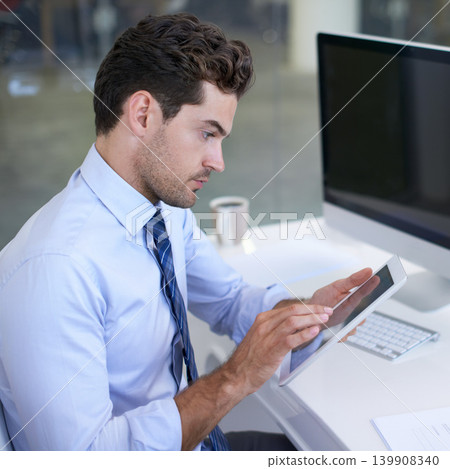 Businessman, workspace and tablet with desk, research and technology for corporate communication. Man, pc and table with documents, report and office for startup or company with career efficiency 139908340