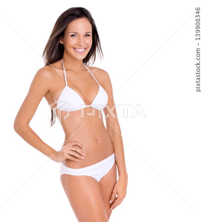 Happy, model and portrait in bikini on studio, white background and mock up with fashion. Swimwear, woman and girl in underwear with confidence for summer, vacation or style for holiday and happiness Happy, model and portrait in bikini on studio, white background and mock up with fashion. Swimwear, woman and girl in underwear with confidence for summer, vacation or style for holiday and happiness 139908346