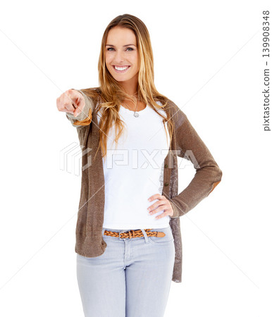Woman, portrait and pointing to you or pick in studio, selection and finger for showing. Female person, direction and guide on white background, smiling and pride for decision or choosing by icon Woman, portrait and pointing to you or pick in studio, selection and finger for showing. Female person, direction and guide on white background, smiling and pride for decision or choosing by icon 139908348