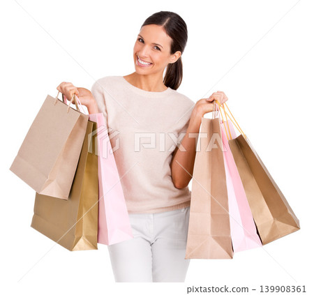 Fashion, shopping and portrait of woman on a white background with bag for sale, discount and deal. Excited, happy customer and isolated person for retail products, consumerism and purchase in studio 139908361