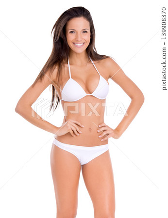 Confident, woman and portrait in bikini on studio, white background and mock up with fashion. Swimwear, model and girl in underwear with pride for summer, vacation or style for holiday with happiness 139908370