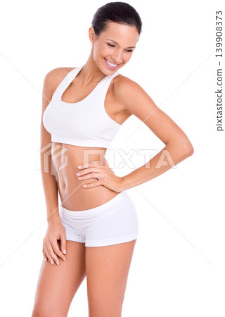 Body, smile and woman in underwear for fitness, health and wellness with benefits in studio. Diet, exercise and happy girl in sportswear for self care, weight loss and results on white background. Body, smile and woman in underwear for fitness, health and wellness with benefits in studio. Diet, exercise and happy girl in sportswear for self care, weight loss and results on white background. 139908373