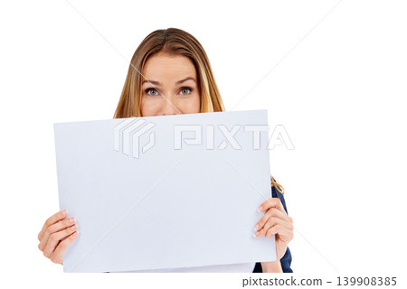 Studio, blank sign and portrait of woman in presentation for deal, promo or happy news mockup. Signage space, offer and girl with announcement, discount or info on cardboard with white background. Studio, blank sign and portrait of woman in presentation for deal, promo or happy news mockup. Signage space, offer and girl with announcement, discount or info on cardboard with white background. 139908385