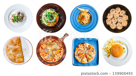 set of various prepared dishes top view isolated on white background 139908493