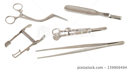 set of various metal surgical instruments isolated on white background set of various metal surgical instruments isolated on white background 139908494