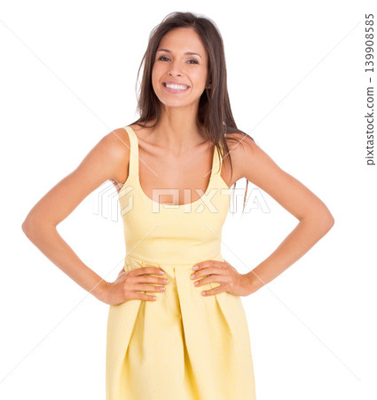 Woman, portrait and confident for fashion in studio, smiling and pride for stylish clothing. Female person, happy and summer dress on white background, beauty and satisfaction for trendy outfit Woman, portrait and confident for fashion in studio, smiling and pride for stylish clothing. Female person, happy and summer dress on white background, beauty and satisfaction for trendy outfit 139908585