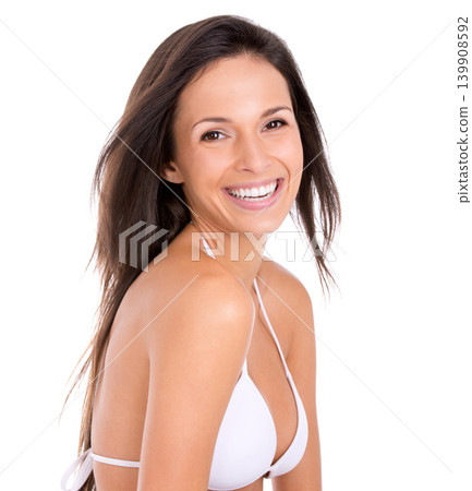 Portrait, funny and woman with bikini, happy and person isolated on a white studio background. Face, girl and model with smile and peaceful with humor and laughing with underwear, joyful or style Portrait, funny and woman with bikini, happy and person isolated on a white studio background. Face, girl and model with smile and peaceful with humor and laughing with underwear, joyful or style 139908592