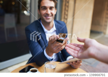 Businessman, credit card and waitress hand for payment or outdoor coffee shop for customer service, transaction or purchase. Male person, cafe and Italy on street for banking, finance or buying Businessman, credit card and waitress hand for payment or outdoor coffee shop for customer service, transaction or purchase. Male person, cafe and Italy on street for banking, finance or buying 139908701