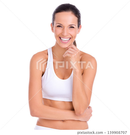 Health, portrait and woman in underwear for fitness, relax and wellness with smile in studio. Diet, exercise and happy girl in sportswear for self care, weight loss and confidence on white background Health, portrait and woman in underwear for fitness, relax and wellness with smile in studio. Diet, exercise and happy girl in sportswear for self care, weight loss and confidence on white background 139908707