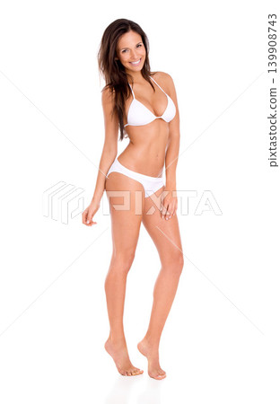 Smile, woman and portrait in bikini on studio, white background and mock up with fashion. Swimwear, model and girl in underwear with confidence for summer, vacation or style for holiday and happiness 139908743