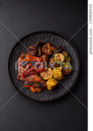 Vegetables such as corn, bell peppers, zucchini, and grilled mushrooms. Grilled vegetables Vegetables such as corn, bell peppers, zucchini, and grilled mushrooms. Grilled vegetables 139908828