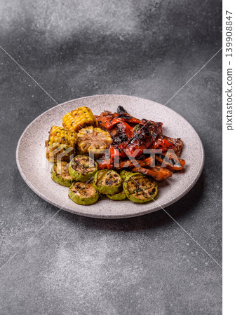 Vegetables such as corn, bell peppers, zucchini, and grilled mushrooms. Grilled vegetables Vegetables such as corn, bell peppers, zucchini, and grilled mushrooms. Grilled vegetables 139908847