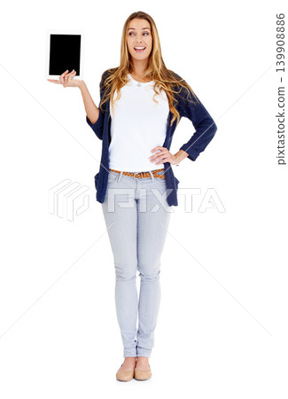 Space, advertising and woman with tablet screen for mockup, marketing or promotion. Presentation, technology and person show display on internet for social media isolated on a white studio background Space, advertising and woman with tablet screen for mockup, marketing or promotion. Presentation, technology and person show display on internet for social media isolated on a white studio background 139908886
