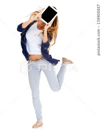 Studio, screen and excited woman with mockup on tablet for website, social media announcement or communication. Networking, software and girl with digital app for news, promo or contact information. 139908887