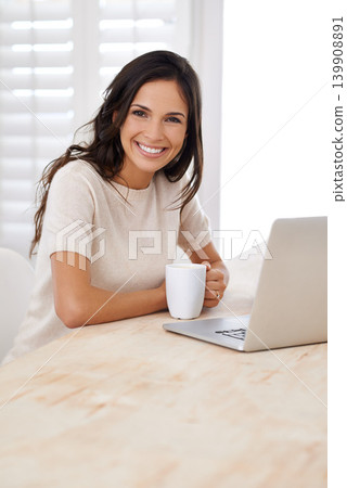 Coffee, smile and portrait of woman with laptop working on creative project at home office. Happy, technology and female freelance designer with cappuccino and computer in workspace at apartment. Coffee, smile and portrait of woman with laptop working on creative project at home office. Happy, technology and female freelance designer with cappuccino and computer in workspace at apartment. 139908891