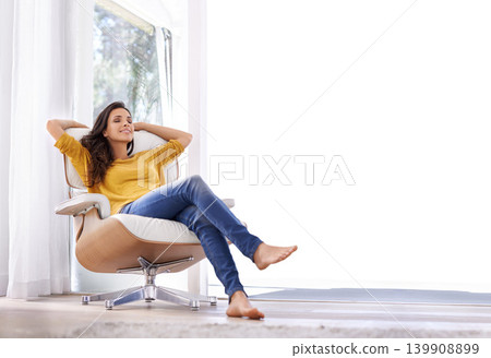 Break, relax and woman in a chair in a home with tired, smile and calm in a lounge and living room. Happy, chill and female freelancer in the morning sitting with peace and sleep with mockup space Break, relax and woman in a chair in a home with tired, smile and calm in a lounge and living room. Happy, chill and female freelancer in the morning sitting with peace and sleep with mockup space 139908899