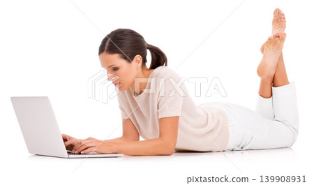 Woman, laptop and typing in studio for online communication as journalist for research project, networking or internet. Female person, white background and mockup or teach writing, email or browsing Woman, laptop and typing in studio for online communication as journalist for research project, networking or internet. Female person, white background and mockup or teach writing, email or browsing 139908931