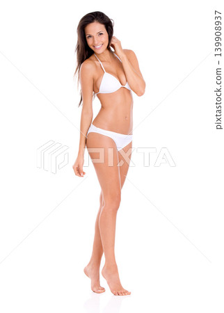 Bikini, fashion and confident portrait of woman in studio, white background and mock up with pride. Happy, model and girl with beauty in underwear for summer, vacation or swimwear style for holiday Bikini, fashion and confident portrait of woman in studio, white background and mock up with pride. Happy, model and girl with beauty in underwear for summer, vacation or swimwear style for holiday 139908937