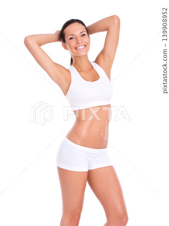 Body, portrait and woman in underwear for fitness, health and wellness with smile in studio. Diet, exercise and happy girl in sportswear for self care, weight loss and confidence on white background. Body, portrait and woman in underwear for fitness, health and wellness with smile in studio. Diet, exercise and happy girl in sportswear for self care, weight loss and confidence on white background. 139908952
