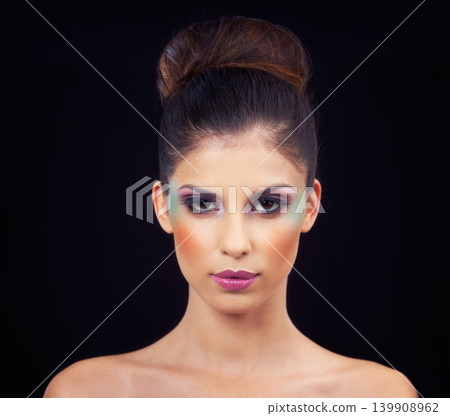 Colorful, makeup and creative portrait with woman in studio and black background with beauty. Cosmetics, creativity and model with unique identity or rainbow aesthetic with confidence in skincare Colorful, makeup and creative portrait with woman in studio and black background with beauty. Cosmetics, creativity and model with unique identity or rainbow aesthetic with confidence in skincare 139908962