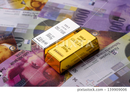 Gold and silver bullion or ingots as metals for bank storage, investments. Gold and silver bars 139909006
