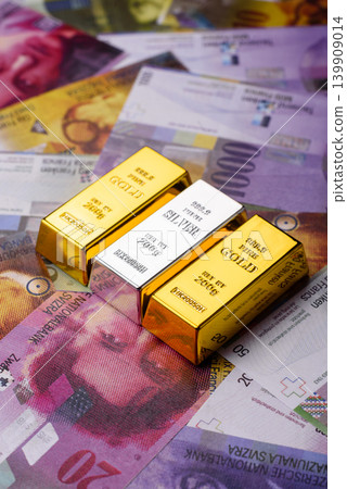 Gold and silver bullion or ingots as metals for bank storage, investments. Gold and silver bars 139909014