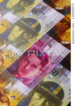 Switzerland, Swiss franc paper money and coins, financing and commodity exchange. Swiss currency 139909074