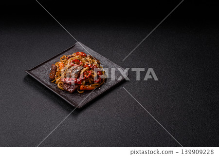 Food, Chinese or Japanese noodles with meat, vegetables, and spices. Noodles with beef 139909228