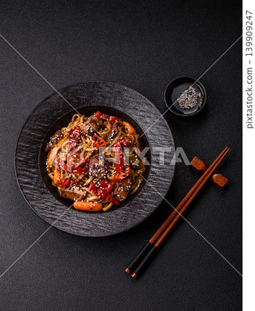 Food, Chinese or Japanese noodles with meat, vegetables, and spices. Noodles with beef 139909247