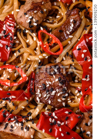Food, Chinese or Japanese noodles with meat, vegetables, and spices. Noodles with beef 139909250
