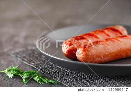 grilled sausages on plate, selective focus grilled sausages on plate, selective focus 139909347