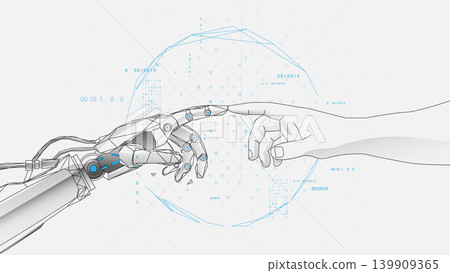 Human hand and robot finger touch a digital global virtual circuit board in the background Human hand and robot finger touch a digital global virtual circuit board in the background 139909365
