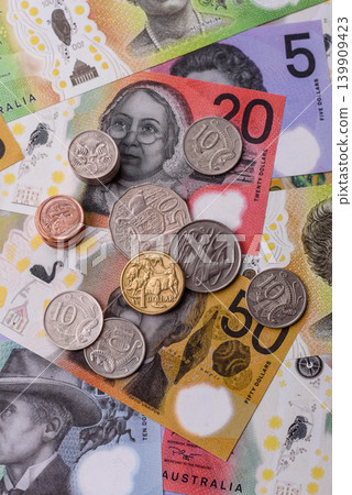 Australia, Australian paper money and coins, cash for financial transactions. Australian dollars Australia, Australian paper money and coins, cash for financial transactions. Australian dollars 139909423