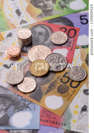 Australia, Australian paper money and coins, cash for financial transactions. Australian dollars Australia, Australian paper money and coins, cash for financial transactions. Australian dollars 139909424