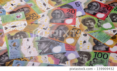 Australia, Australian paper money and coins, cash for financial transactions. Australian dollars 139909432