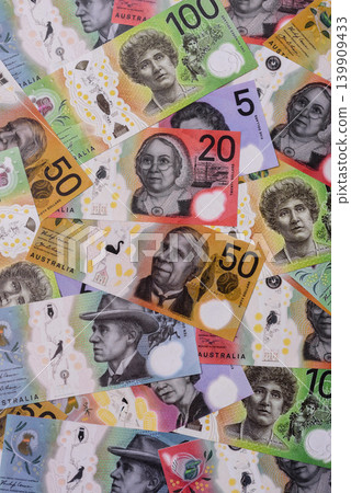 Australia, Australian paper money and coins, cash for financial transactions. Australian dollars Australia, Australian paper money and coins, cash for financial transactions. Australian dollars 139909433
