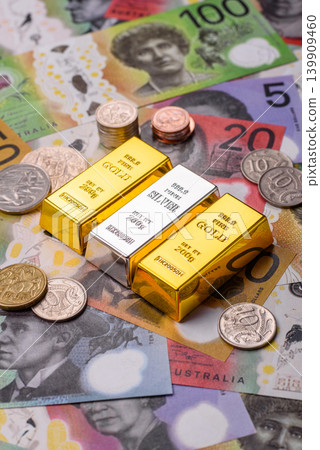 Gold and silver bullion or ingots as metals for bank storage, investments. Gold and silver bars Gold and silver bullion or ingots as metals for bank storage, investments. Gold and silver bars 139909460
