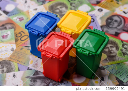 Bins for garbage, a conceptual background for selective and recycling waste disposal. Bins for trash Bins for garbage, a conceptual background for selective and recycling waste disposal. Bins for trash 139909491