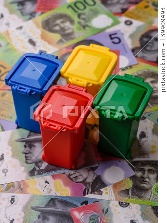 Bins for garbage, a conceptual background for selective and recycling waste disposal. Bins for trash Bins for garbage, a conceptual background for selective and recycling waste disposal. Bins for trash 139909493