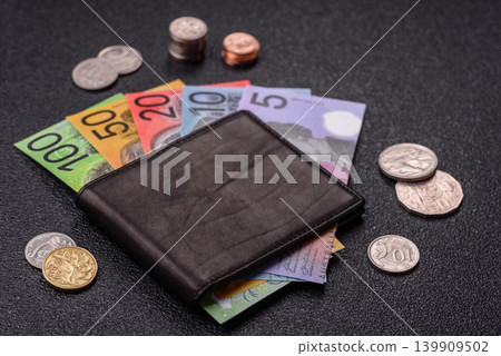 Australia, Australian dollar paper money and coins, financing exchange. Australian currency Australia, Australian dollar paper money and coins, financing exchange. Australian currency 139909502