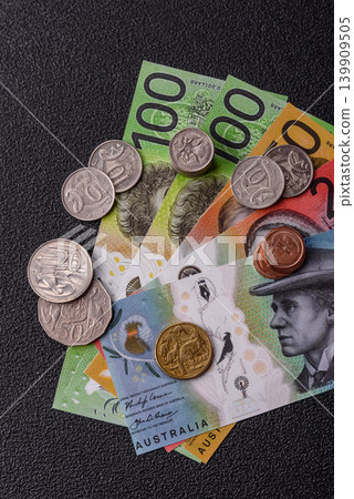 Australia, Australian paper money and coins, cash for financial transactions. Australian dollars Australia, Australian paper money and coins, cash for financial transactions. Australian dollars 139909505