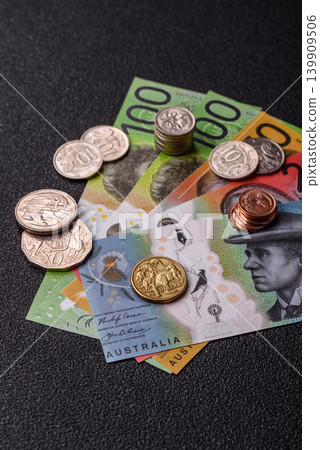 Australia, Australian paper money and coins, cash for financial transactions. Australian dollars Australia, Australian paper money and coins, cash for financial transactions. Australian dollars 139909506