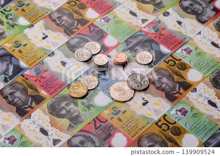 Australia, Australian paper money and coins, cash for financial transactions. Australian dollars 139909524